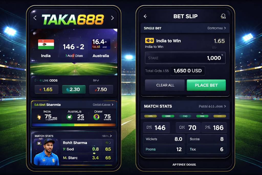 TAKA688 sportsbook mobile view with live cricket odds and bet slip