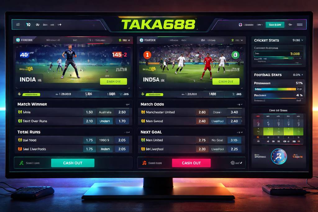 TAKA688 live in-play betting console featuring cricket and football fixtures